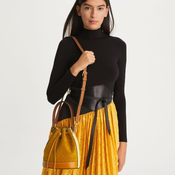 NEW! Tory Burch T-Monogram SUEDE EMBOSSED Bucket -large Claret (Deep Sunflower) - Picture 10 of 15